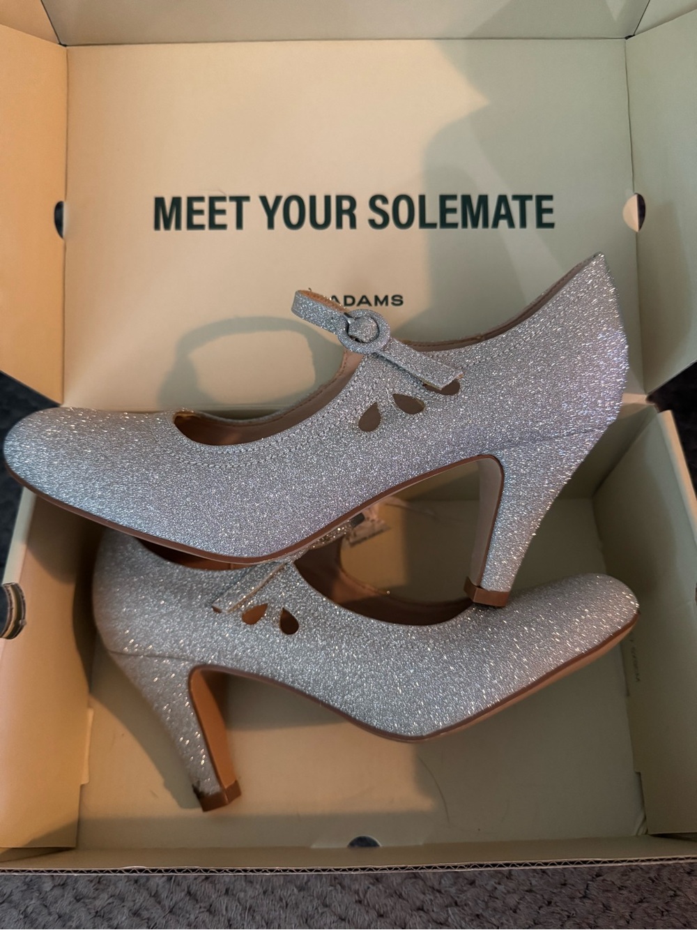 Adams Silver Glitter Mary Jane Heels with Teardrop Cutouts